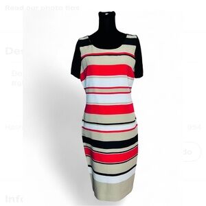 Danny & Nicole Striped Midi Dress 8, in Red, Black, Cream Short Sleeve Back Zipp